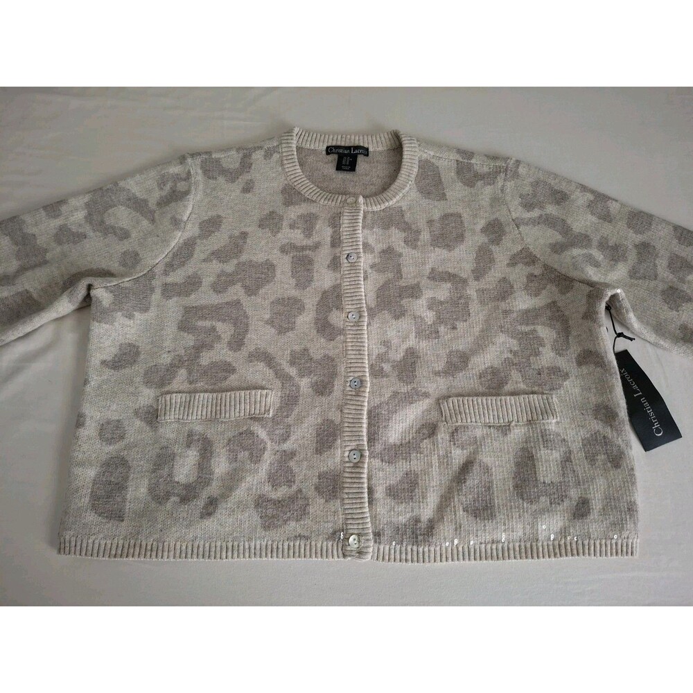 Christian Lacroix Crop Cardigan Sequin Leopard Print Cocktail Off White M NWT